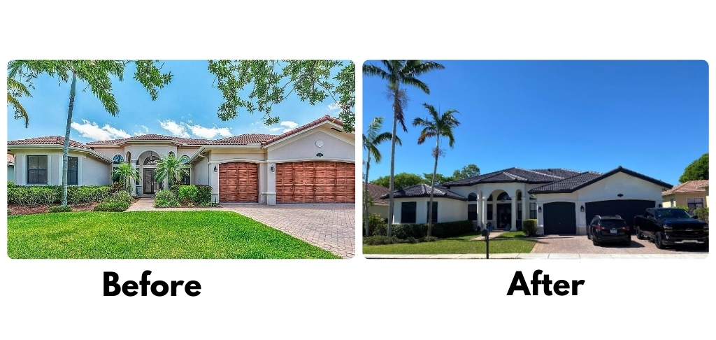 Before and after: whole South Florida home with faded tile roof transformed with a dark Smart Shield cool-pigment coating