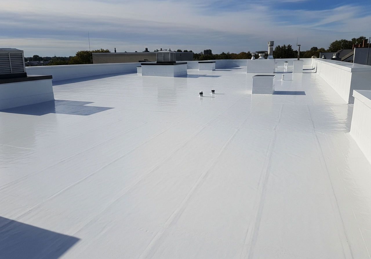 Commercial built-up flat deck roof fully restored after Roof Shield waterproof coating — Roof Shield | The Roof Store Commercial built-up flat deck roof fully restored after Roof Shield waterproof coating