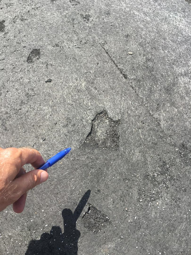 Inspector pointing to a hairline fissure on a flat roof surface during pre-application inspection
