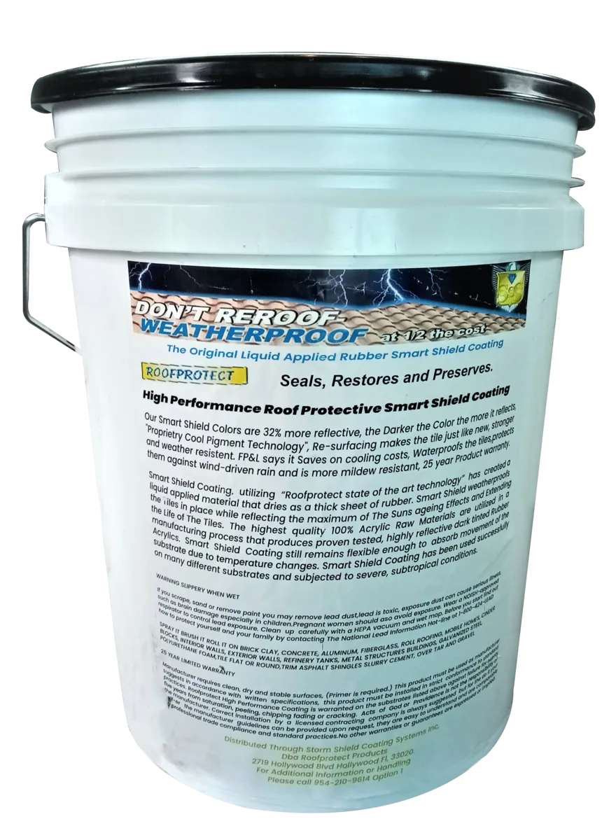 Fungal Shield roof coating 5-gallon pail — RoofProtect liquid rubber, manufactured in Davie FL